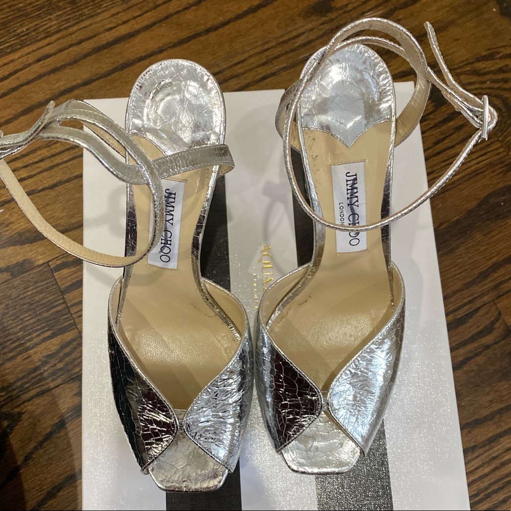 Jimmy Choo Silver Metallic Foil Leather Chunky Heels 
Size 40/ US 9